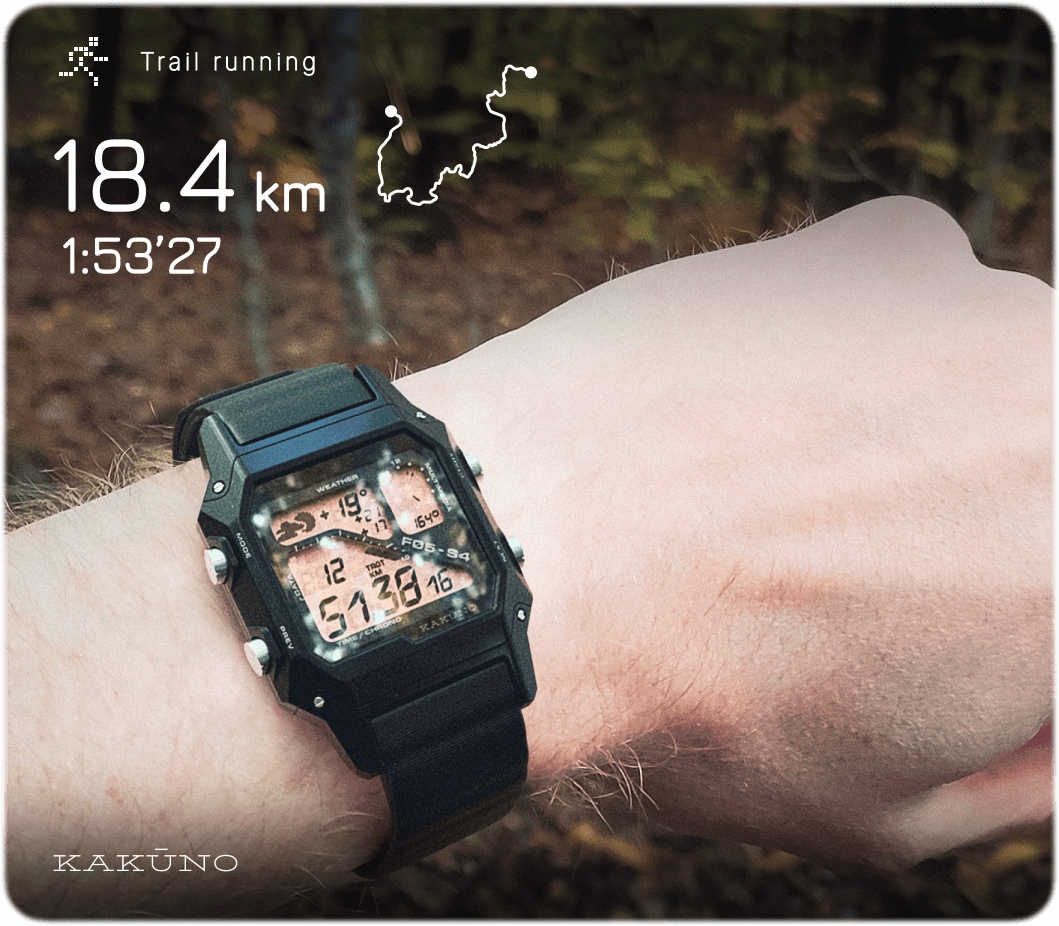 The Kakūno F05-S4 on a wrist on a trail